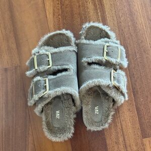Zara Furry Buckle Sandals in Gray